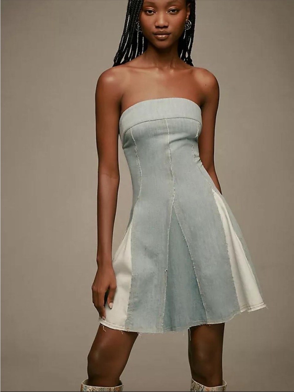 Anthropologie Strapless Two-Tone Denim Mini Dress - Light Blue & Cream